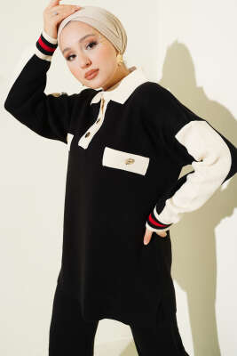 Gömlek Yaka Düğmeli Triko İkili Takım Siyah - İkili Takım