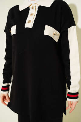 Gömlek Yaka Düğmeli Triko İkili Takım Siyah - İkili Takım