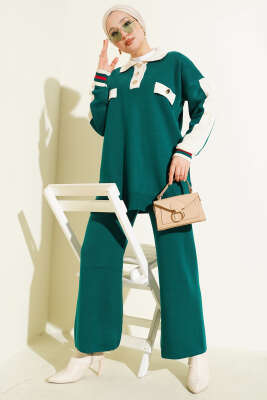 Gömlek Yaka Düğmeli Triko İkili Takım Zümrüt - SUDE NAZ