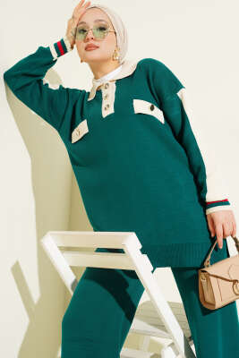 Gömlek Yaka Düğmeli Triko İkili Takım Zümrüt - İkili Takım