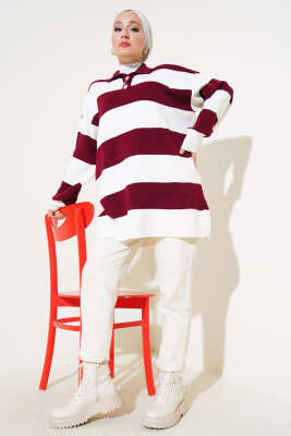 Gömlek Yaka Düğmeli Triko Tunik Bordo - Triko Tunik