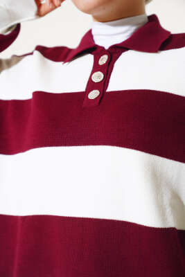 Gömlek Yaka Düğmeli Triko Tunik Bordo - Triko Tunik