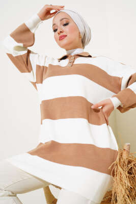 Gömlek Yaka Düğmeli Triko Tunik Büsküvi - Triko Tunik