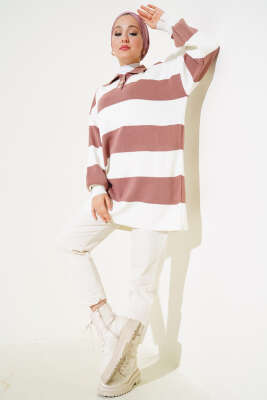 Gömlek Yaka Düğmeli Triko Tunik Gül Kurusu - Triko Tunik