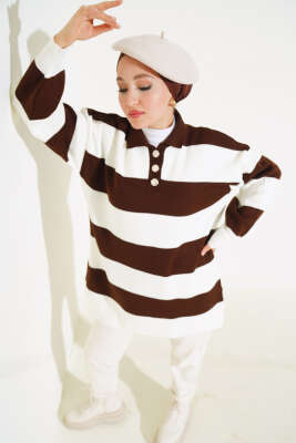 Gömlek Yaka Düğmeli Triko Tunik Kahve - Triko Tunik