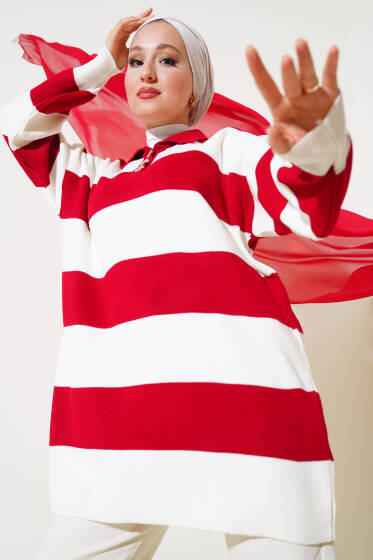 Gömlek Yaka Düğmeli Triko Tunik Kırmızı - Spor Tunik