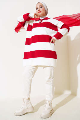 Gömlek Yaka Düğmeli Triko Tunik Kırmızı - Triko Tunik