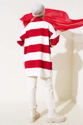 Gömlek Yaka Düğmeli Triko Tunik Kırmızı - Triko Tunik