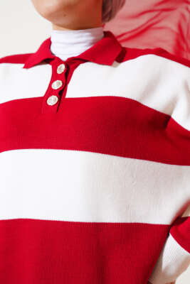 Gömlek Yaka Düğmeli Triko Tunik Kırmızı - Triko Tunik