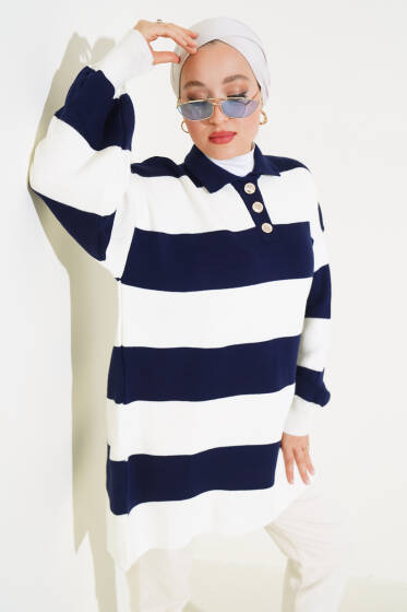 Gömlek Yaka Düğmeli Triko Tunik Lacivert - Spor Tunik