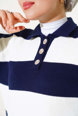 Gömlek Yaka Düğmeli Triko Tunik Lacivert - Triko Tunik