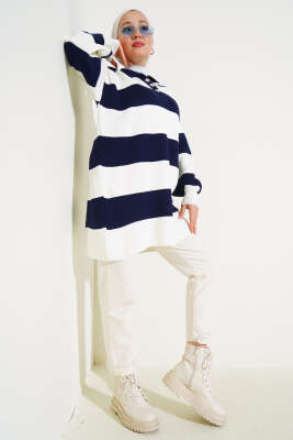 Gömlek Yaka Düğmeli Triko Tunik Lacivert - Triko Tunik