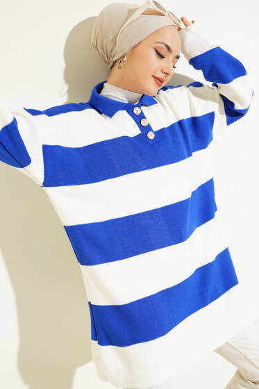 	 Gömlek Yaka Düğmeli Triko Tunik Saks - Spor Tunik