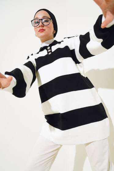 Gömlek Yaka Düğmeli Triko Tunik Siyah - Spor Tunik