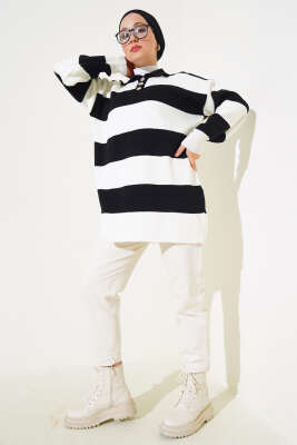 Gömlek Yaka Düğmeli Triko Tunik Siyah - Triko Tunik