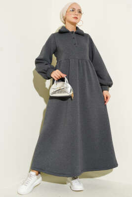Gömlek Yaka Düğmeli Üç İplik Elbise Füme - CNR TEKSTİL