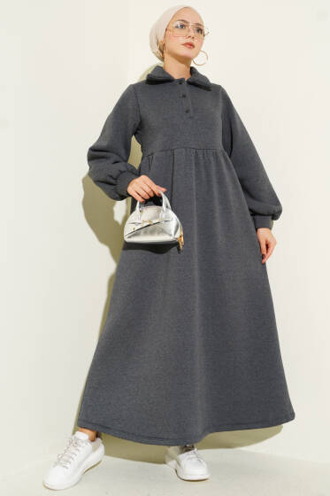 Gömlek Yaka Düğmeli Üç İplik Elbise Füme - Elbise