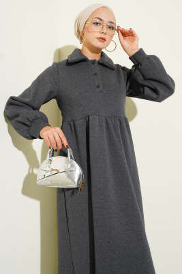 Gömlek Yaka Düğmeli Üç İplik Elbise Füme - Elbise