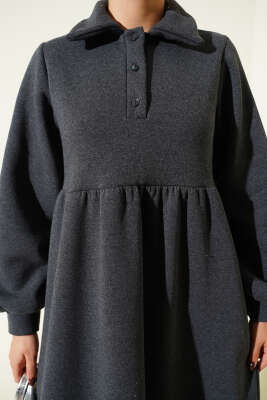 Gömlek Yaka Düğmeli Üç İplik Elbise Füme - Elbise