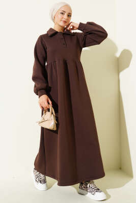 Gömlek Yaka Düğmeli Üç İplik Elbise Kahve - CNR TEKSTİL