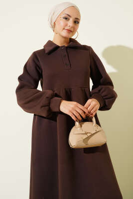 Gömlek Yaka Düğmeli Üç İplik Elbise Kahve - Elbise