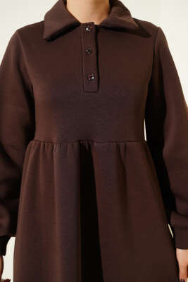 Gömlek Yaka Düğmeli Üç İplik Elbise Kahve - Elbise