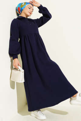 Gömlek Yaka Düğmeli Üç İplik Elbise Lacivert - CNR TEKSTİL