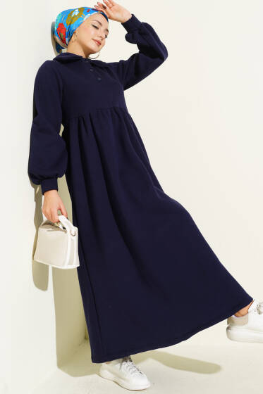 Gömlek Yaka Düğmeli Üç İplik Elbise Lacivert - Elbise