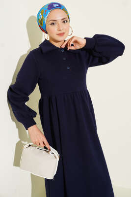 Gömlek Yaka Düğmeli Üç İplik Elbise Lacivert - Elbise