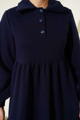 Gömlek Yaka Düğmeli Üç İplik Elbise Lacivert - Elbise