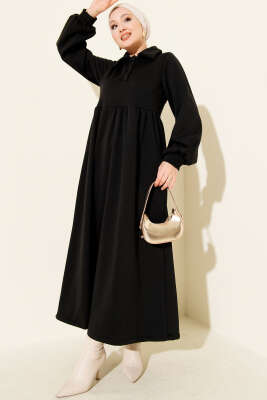 Gömlek Yaka Düğmeli Üç İplik Elbise Siyah - CNR TEKSTİL