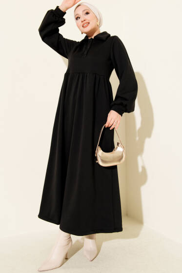 Gömlek Yaka Düğmeli Üç İplik Elbise Siyah - Elbise