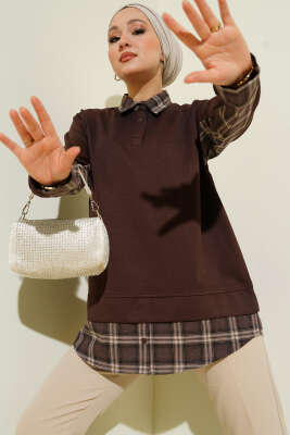 Gömlek Yaka Ekose Garnili Tunik Kahve - DESTİNA