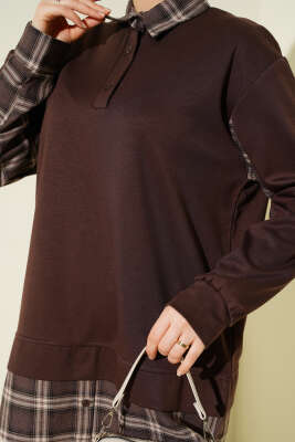 Gömlek Yaka Ekose Garnili Tunik Kahve - Tunik