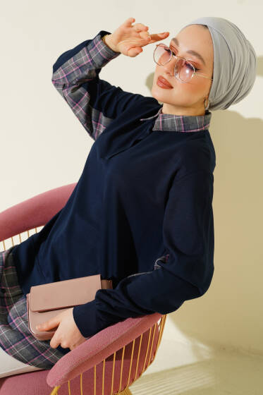 Gömlek Yaka Ekose Garnili Tunik Lacivert - Tunik