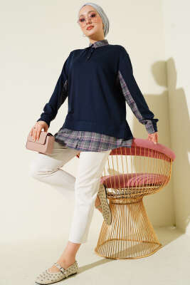 Gömlek Yaka Ekose Garnili Tunik Lacivert - Tunik