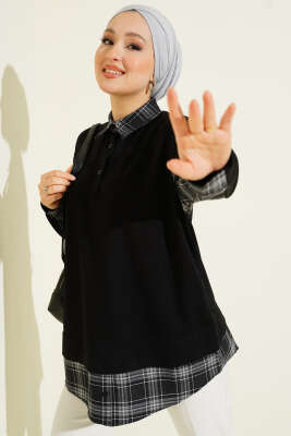 Gömlek Yaka Ekose Garnili Tunik Siyah - DESTİNA