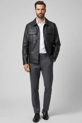 Gömlek Yaka Erkek Deri Ceket Siyah - Erkek Ceket