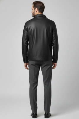 Gömlek Yaka Erkek Deri Ceket Siyah - Erkek Ceket