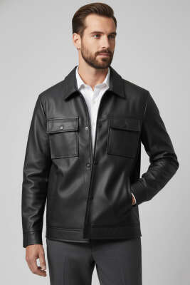 Gömlek Yaka Erkek Deri Ceket Siyah - BESSE