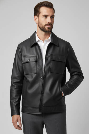 Gömlek Yaka Erkek Deri Ceket Siyah - Erkek Ceket