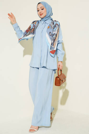 Gömlek Yaka Eşarp Detaylı İkili Takım Bebe Mavi - İkili Takım
