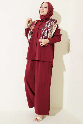 Gömlek Yaka Eşarp Detaylı İkili Takım Bordo - HATUN