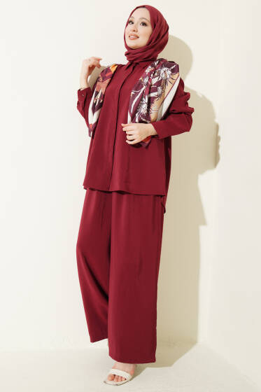 Gömlek Yaka Eşarp Detaylı İkili Takım Bordo - İkili Takım