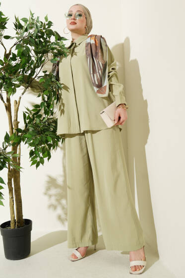 Gömlek Yaka Eşarp Detaylı İkili Takım Çağla Yeşili - İkili Takım