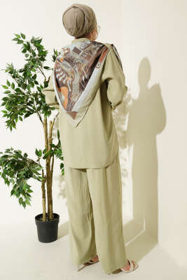 Gömlek Yaka Eşarp Detaylı İkili Takım Çağla Yeşili - İkili Takım