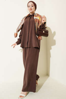 Gömlek Yaka Eşarp Detaylı İkili Takım Kahve - HATUN