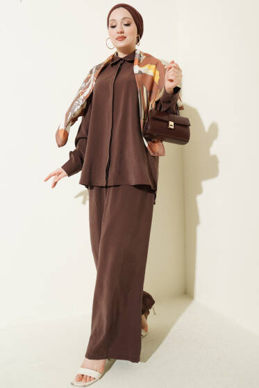 Gömlek Yaka Eşarp Detaylı İkili Takım Kahve - İkili Takım