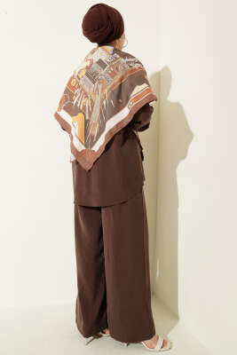 Gömlek Yaka Eşarp Detaylı İkili Takım Kahve - İkili Takım