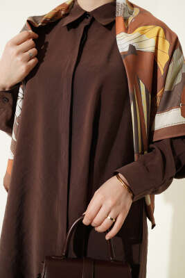 Gömlek Yaka Eşarp Detaylı İkili Takım Kahve - İkili Takım